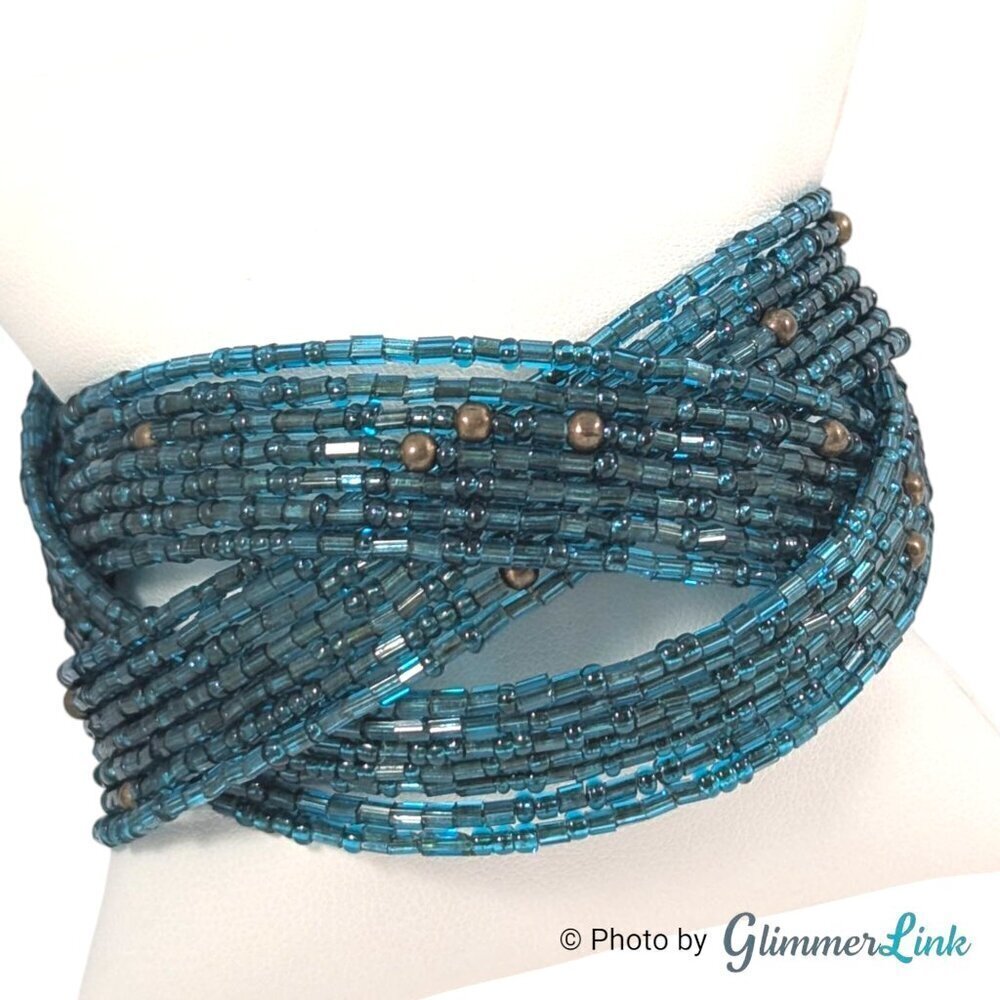 Bohemian Teal & Brass Tone Seed Bead Braided Wide Cuff Bracelet